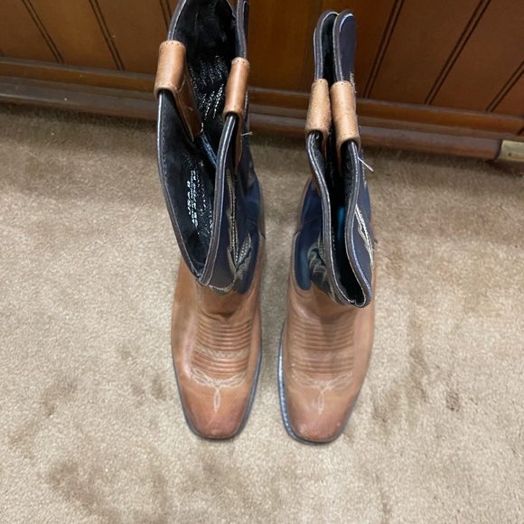 SIZE 8 VTG WOMENS MASTERSON BOOT CO COWBOY NAVY AND BROWN BOOTS SQ TOE - Picture 6 of 11